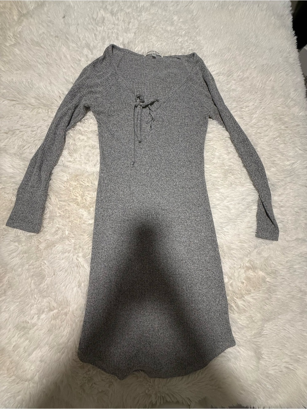 Gray Rib-Knit Lace-Up Sweater Dress
